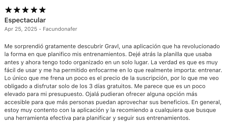 Review de usuario de Gravl 9
